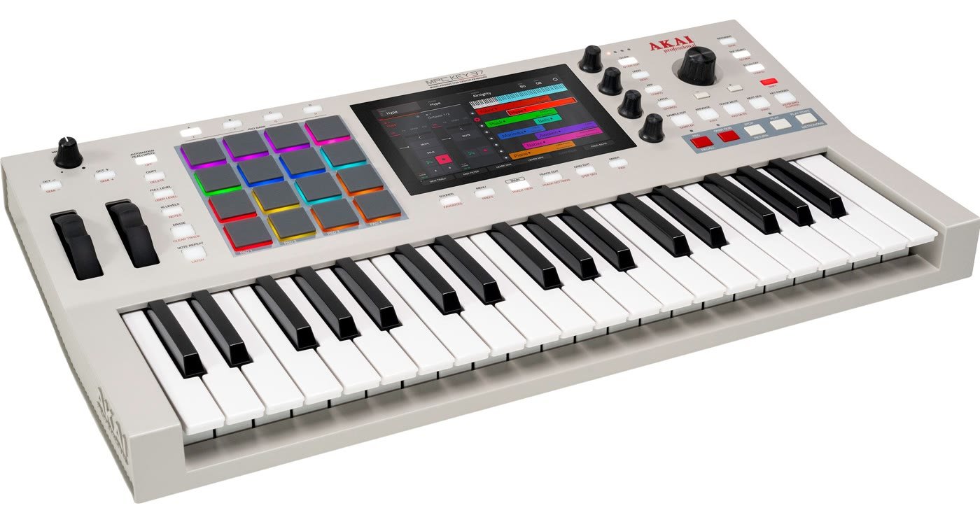 Akai MPC Key 37 G2 production keyboard in retro light gray with 37 keys, 16 RGB pads, pitch and mod wheels and 7-inch touchscreen
