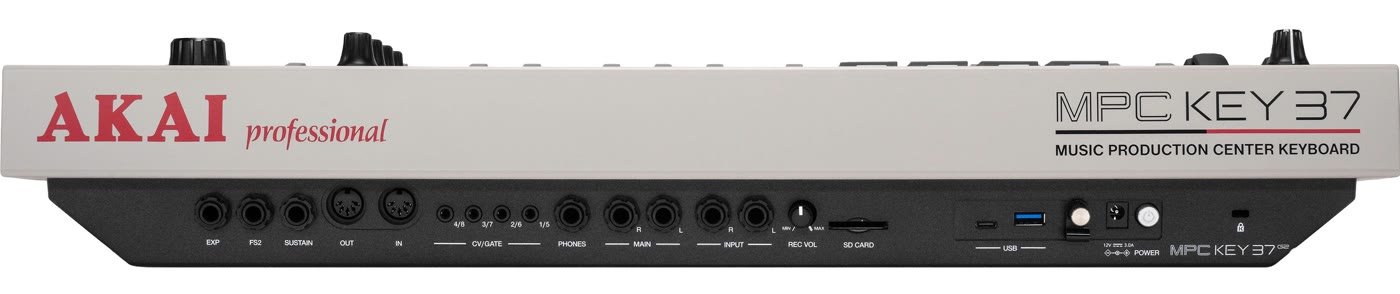 MPC Key 37 G2 rear panel with line inputs and outputs, headphone jack, MIDI in and out, CV/Gate jacks, SD card slot, USB-A, USB-C and power