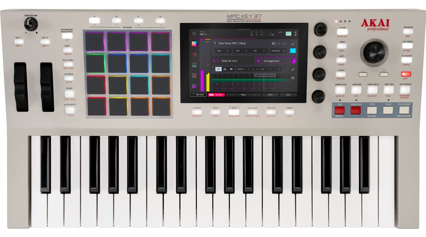 MPC Key 37 G2 top view with pitch and mod wheels, 16 RGB pads, 7-inch touchscreen, four Q-Link knobs and 37 keys
