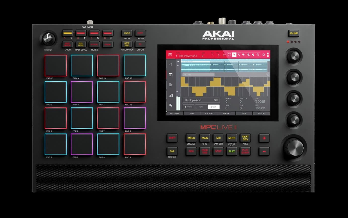 MPC Live III top view with 16 MPCe pads, step sequencer buttons, Q-Link knobs and touchscreen