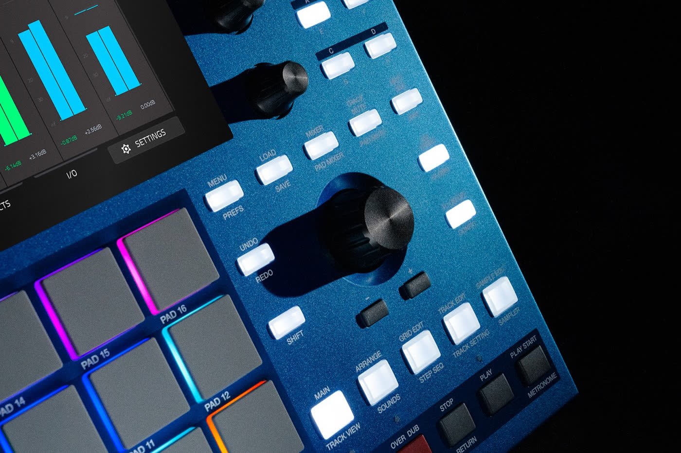 Close-up of the MPC One G2 RGB pads, data encoder and buttons