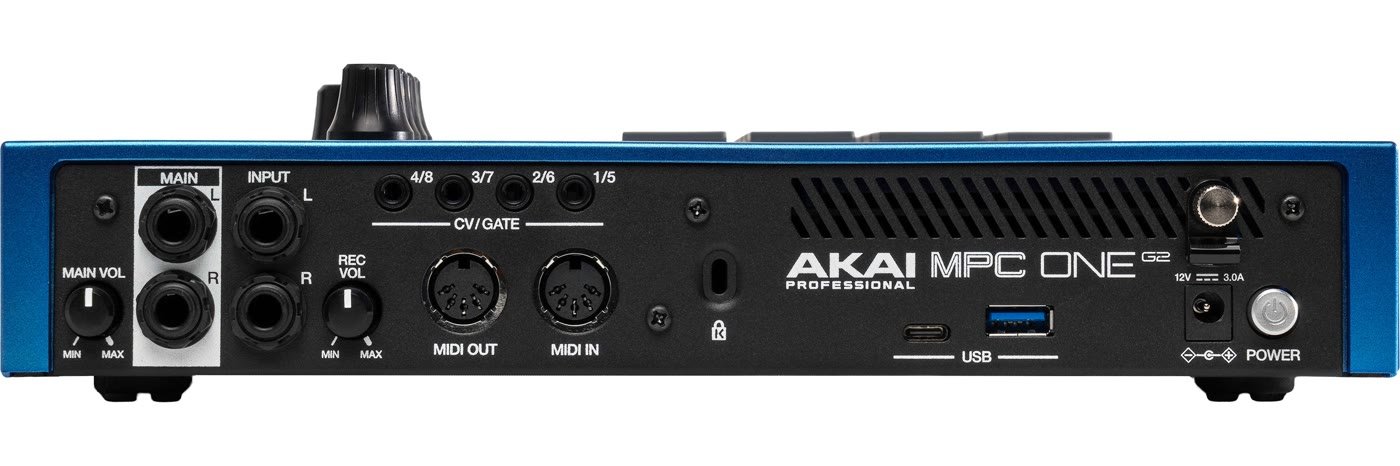 MPC One G2 rear panel with line inputs and outputs, MIDI in and out, CV/Gate jacks, USB-A, USB-C and power