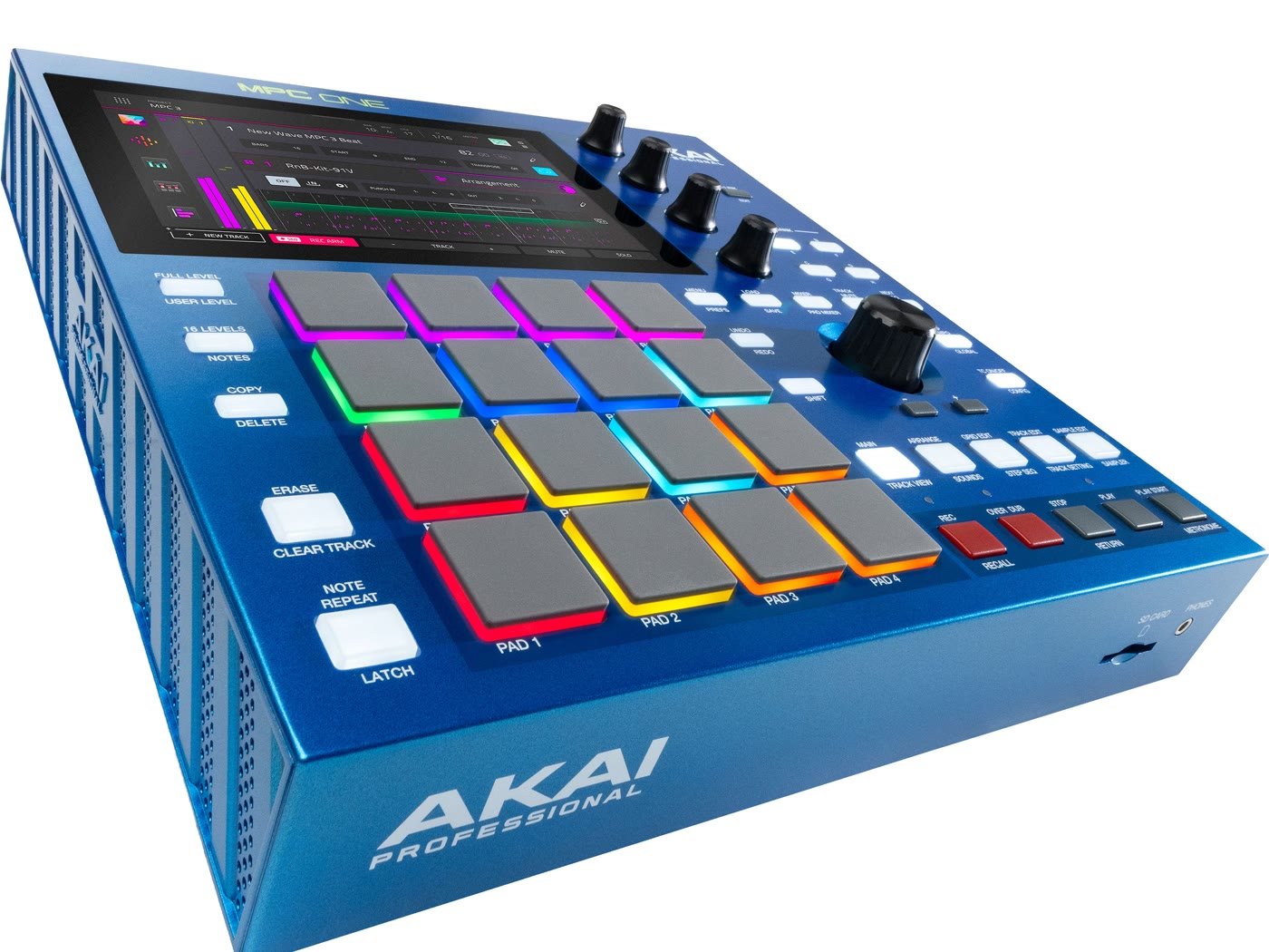 Akai MPC One G2 standalone music production center in blue with 16 RGB pads, 4 Q-Link knobs and 7-inch touchscreen