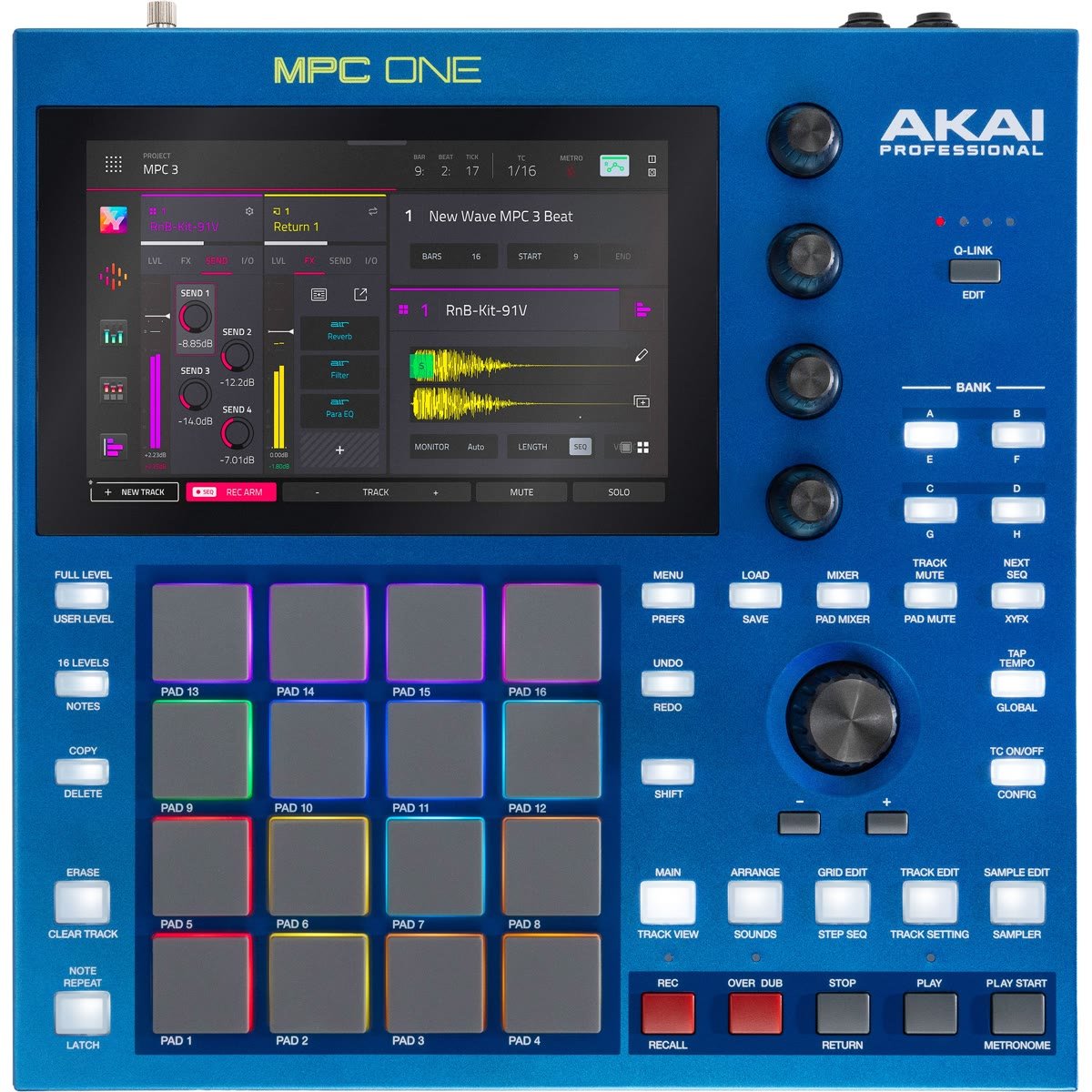MPC One G2 top view with 16 RGB pads, 7-inch touchscreen, four Q-Link knobs and MPC transport buttons
