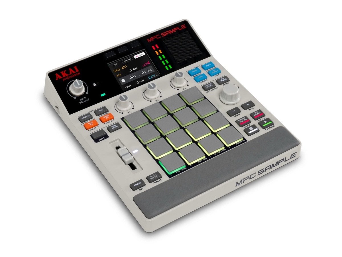 Akai MPC Sample portable sampler with 16 RGB pads, color screen and gray chassis inspired by the MPC60