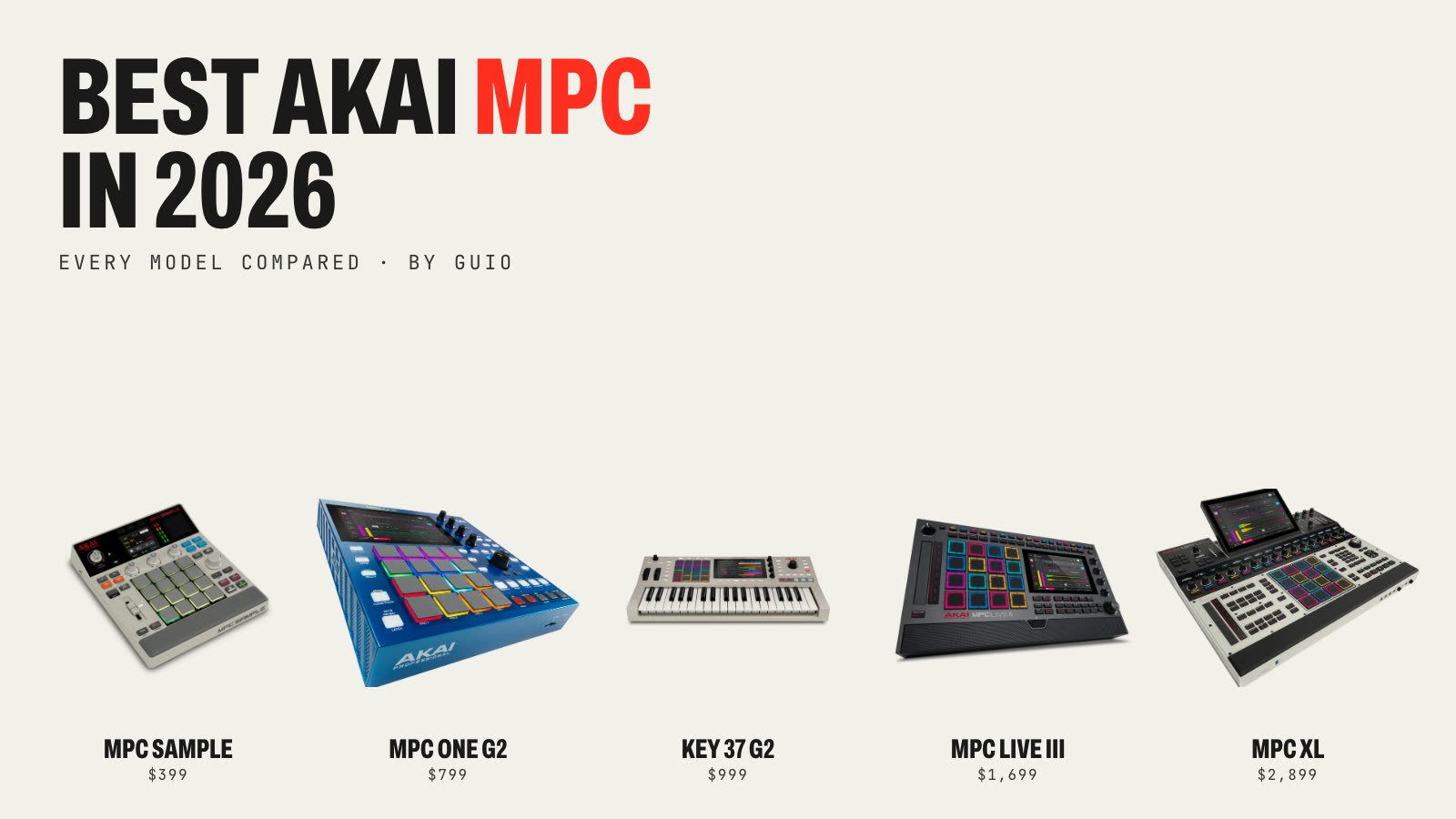 The 2026 Akai MPC lineup: MPC Sample, MPC One G2, MPC Key 37 G2, MPC Live III and MPC XL with US prices