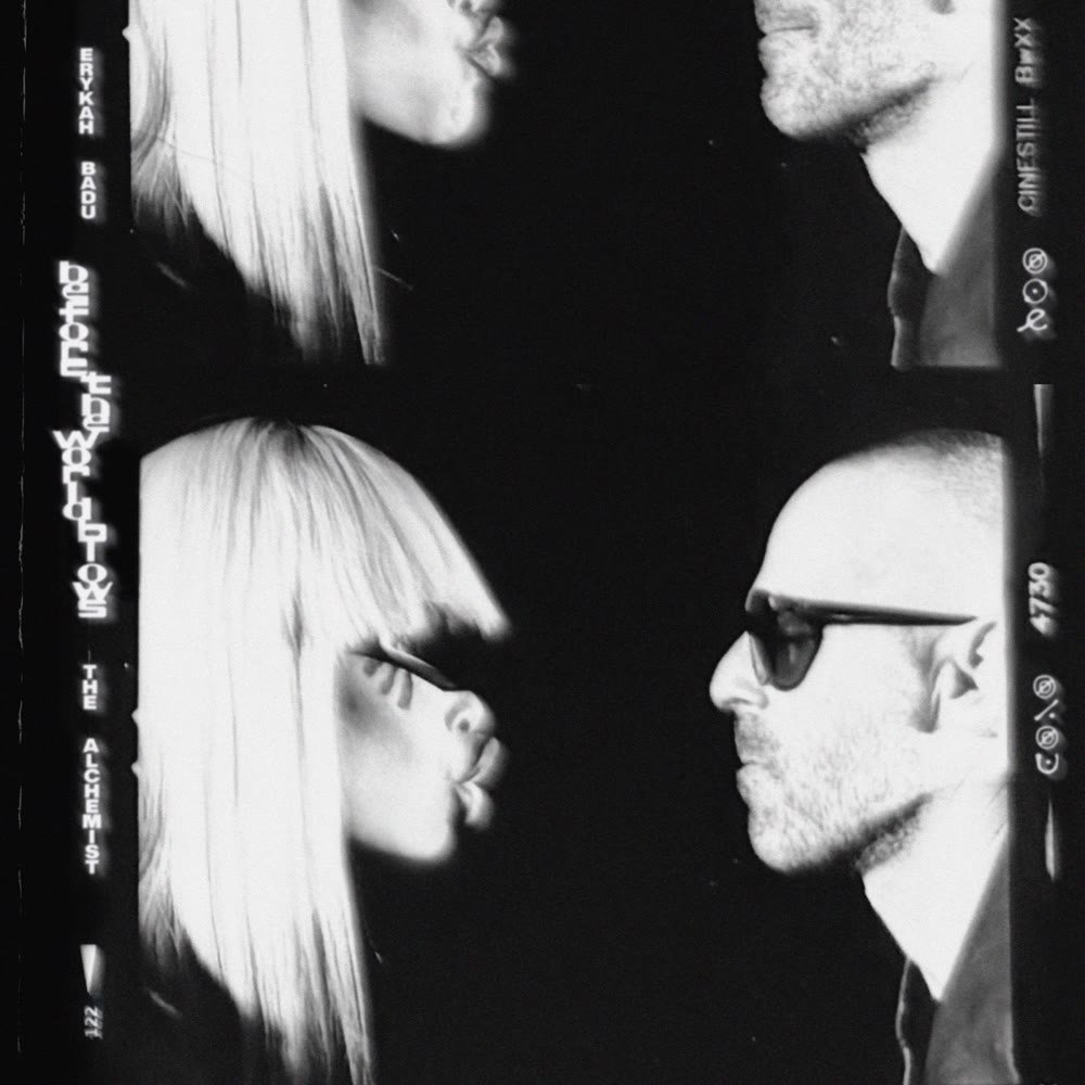 Before The World Blows album cover: black and white film strip portraits of Erykah Badu and The Alchemist facing each other