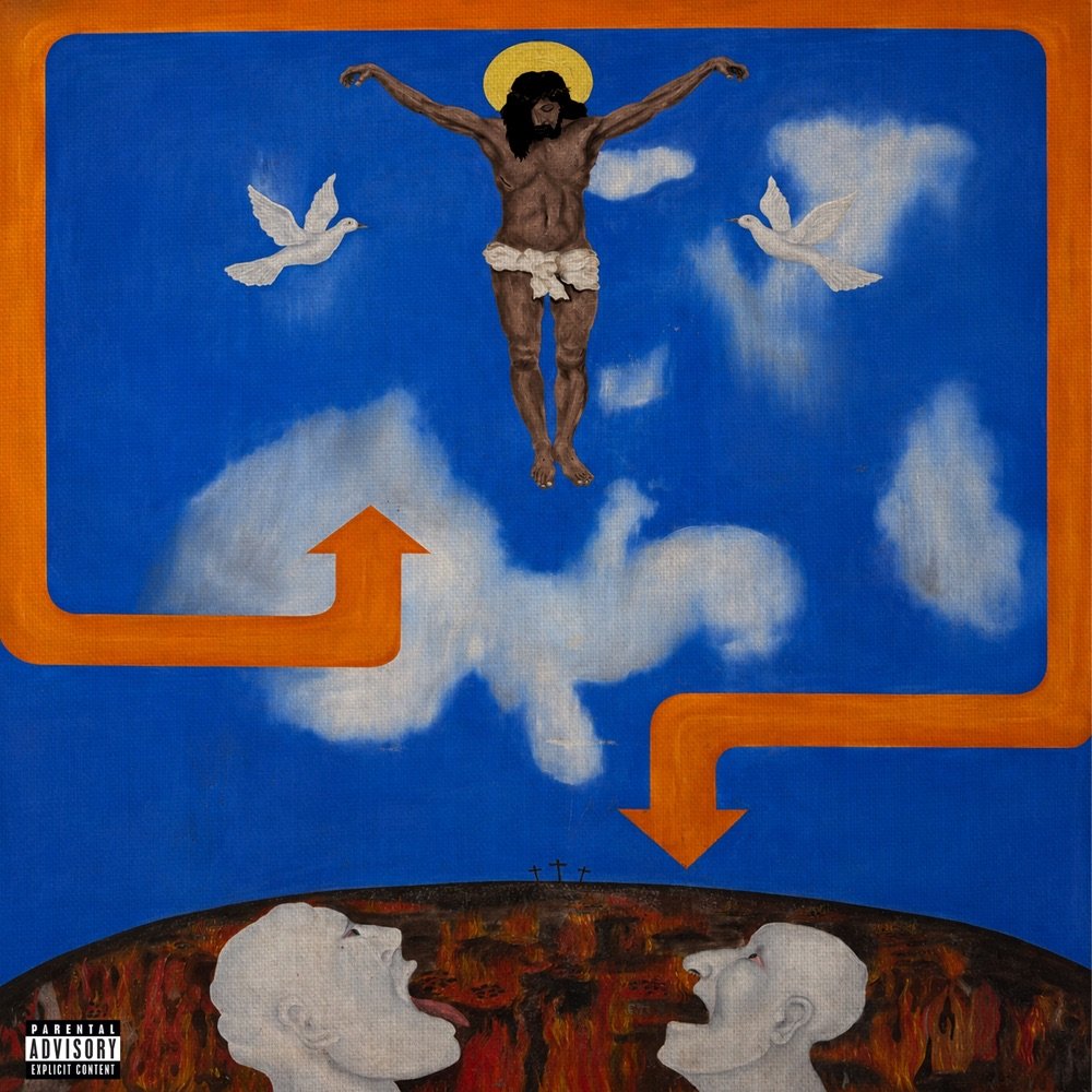 BIGGER THAN THE DEVIL album cover: a painting of a crucified Christ with a halo and two doves in a blue sky, orange arrows pointing up and down, and two pale heads screaming above a burning underworld