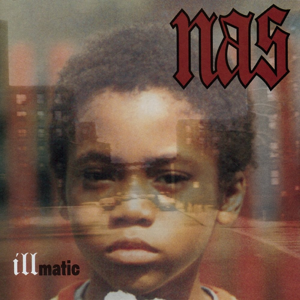Illmatic album cover: a photo of Nas as a child superimposed on a city block, with the Nas logo in red gothic letters