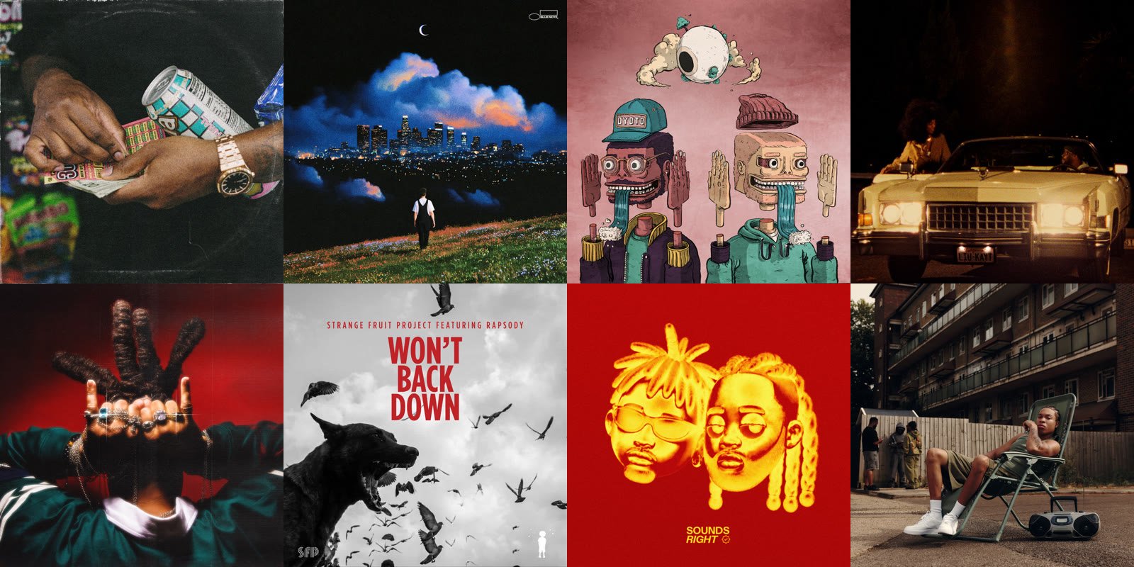Grid of this week’s hip hop covers: Luxury Tax, Memory Bomb, Time, Lead It Up, New Devils, Won’t Back Down, Cool Me Down and Homegrown
