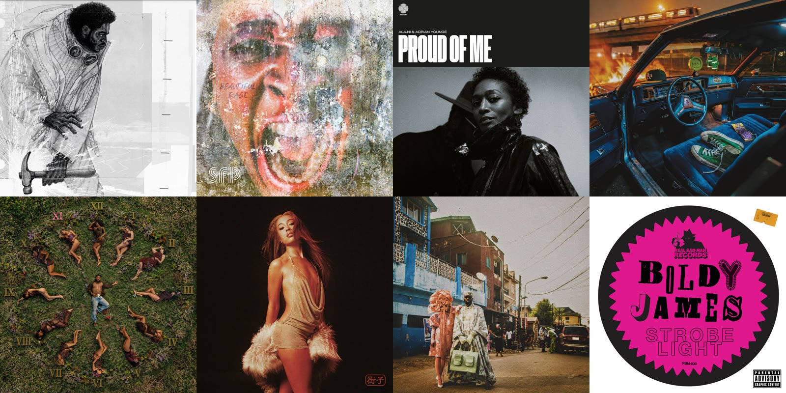 Grid of this week’s hip hop covers: STRIKING, Beautiful Rage, Proud of Me, Clean Getaway, THE 11TH HOUR, MACHIKO, THE BRIDGE and Strobelight