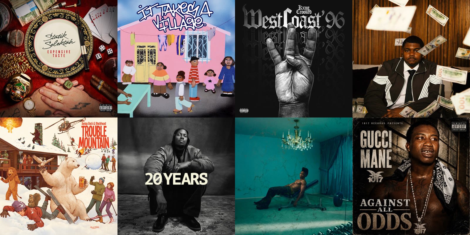 Grid of this week’s hip hop covers: Expensive Taste, It Takes A Village, West Coast ’96, JAZZ MONEY VOL. 2, Trouble Mountain, 20 Years, ALOUD! and Against All Odds