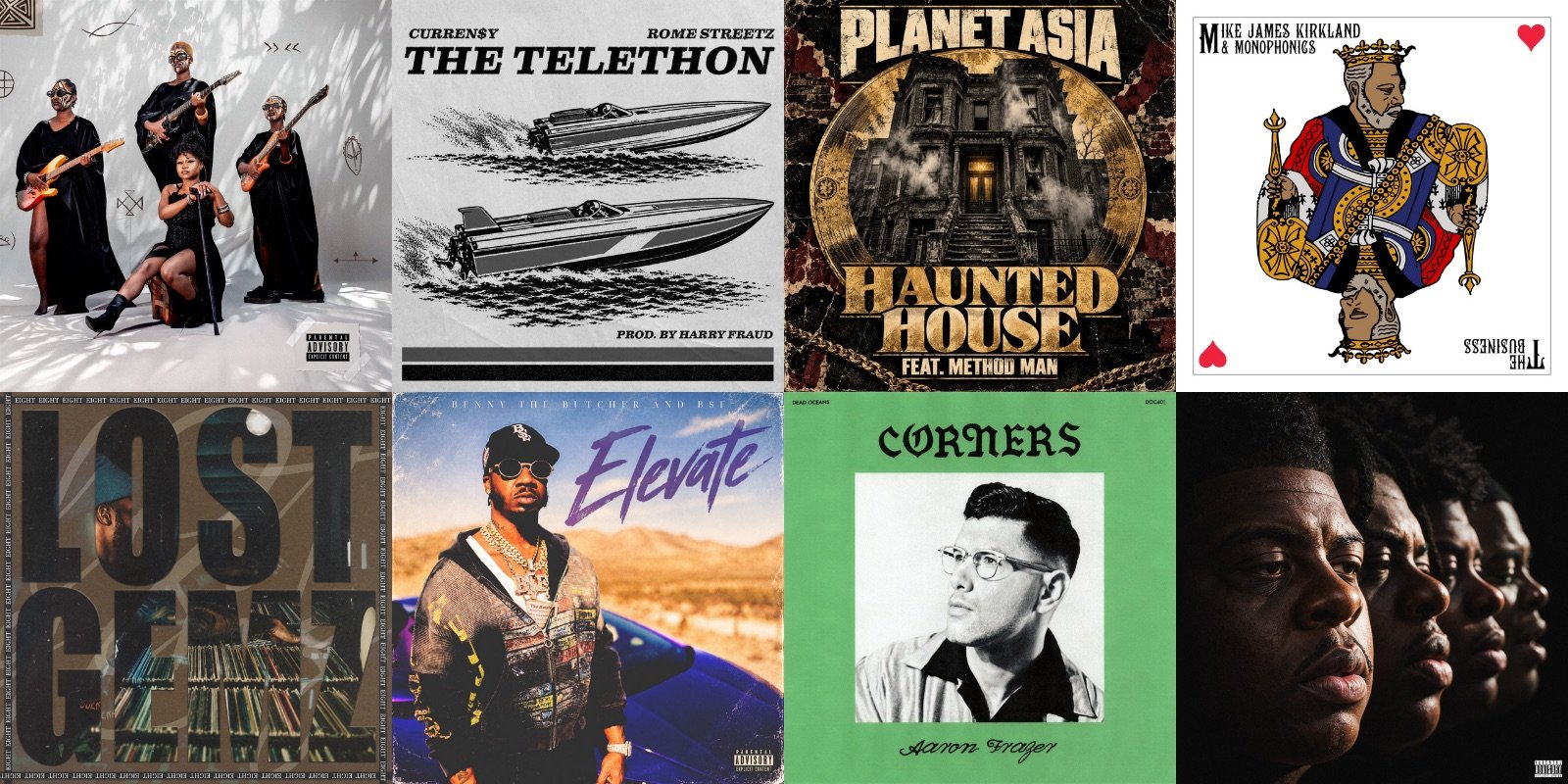 Grid of this week’s hip hop covers: Nu Zamrock, The Telethon, Haunted House, The Business, Lost Gemz 8, Elevate, Corners and BETTER OVER TIME