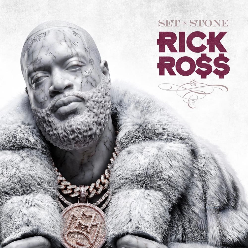 Set In Stone album cover: Rick Ross as a white stone statue wearing a fur coat and a Maybach Music chain