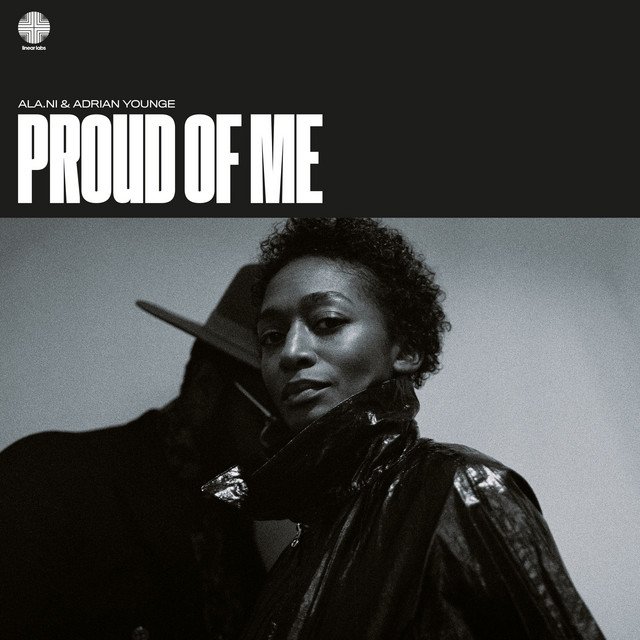 Proud of Me album cover: ALA.NI in a black coat under the title in bold white letters