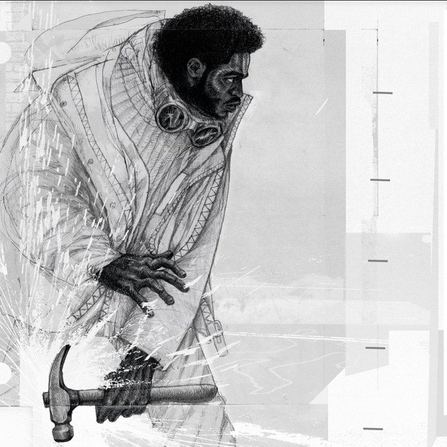 STRIKING album cover by Ovrkast.: a pencil sketch of a man in a long coat holding a hammer