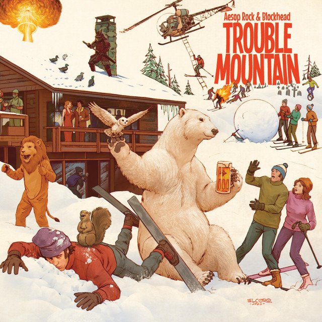 Trouble Mountain cover by Aesop Rock and Blockhead: a vintage illustration of a ski lodge with a polar bear, a lion, a helicopter and skiers falling in the snow