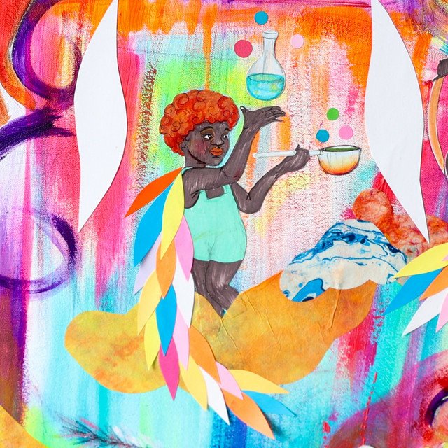 Ain’t Got Time single cover: a colorful painting of a cartoon figure with orange hair holding a flask and a pot among bright paint strokes and feathers