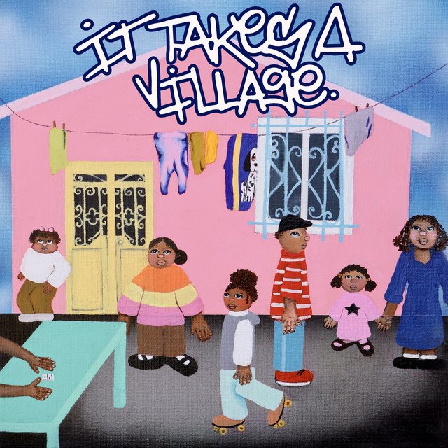 It Takes A Village cover by Che Noir: a hand-drawn pink house with laundry on the line and a group of kids and neighbors in front