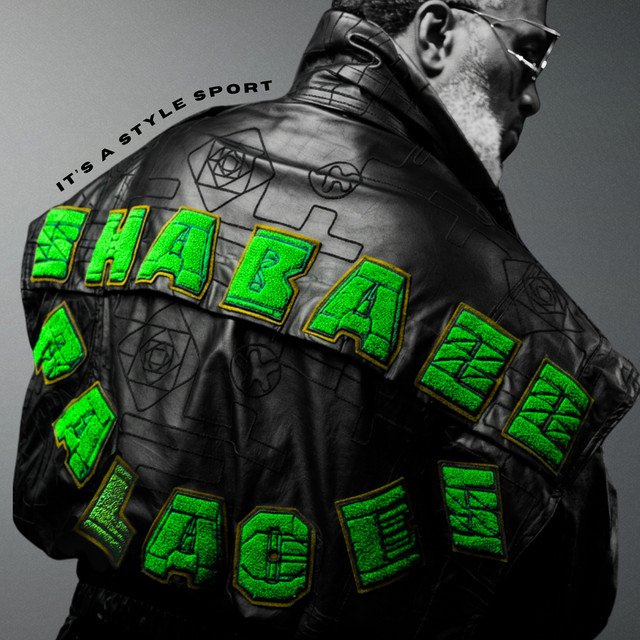 It’s a Style Sport album cover: a man seen from behind in a black leather jacket with SHABAZZ PALACES in green chenille letters