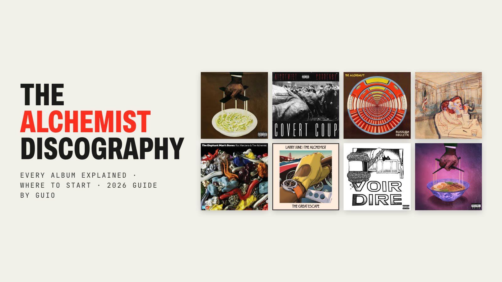 The Alchemist discography: covers of Alfredo, Covert Coup, Russian Roulette, Mercy, The Elephant Man’s Bones, The Great Escape, VOIR DIRE and Alfredo 2